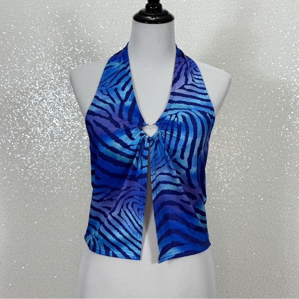 Urban Outfitters Blue Zebra Swirl Halter Top Ring Front Y2K Festival Top Large